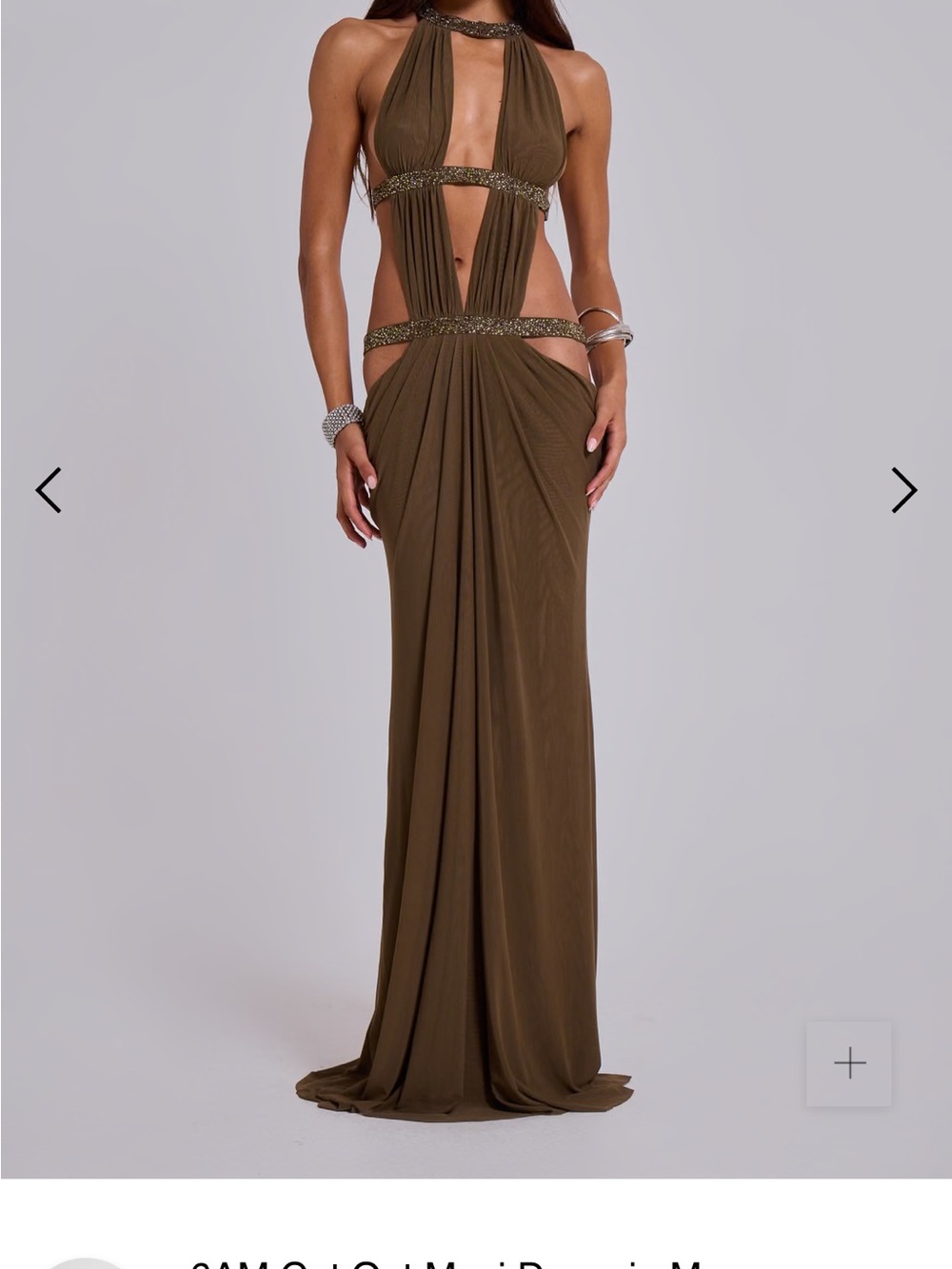 Jaded London Olive Brown Beaded Cutout Halter Gown
